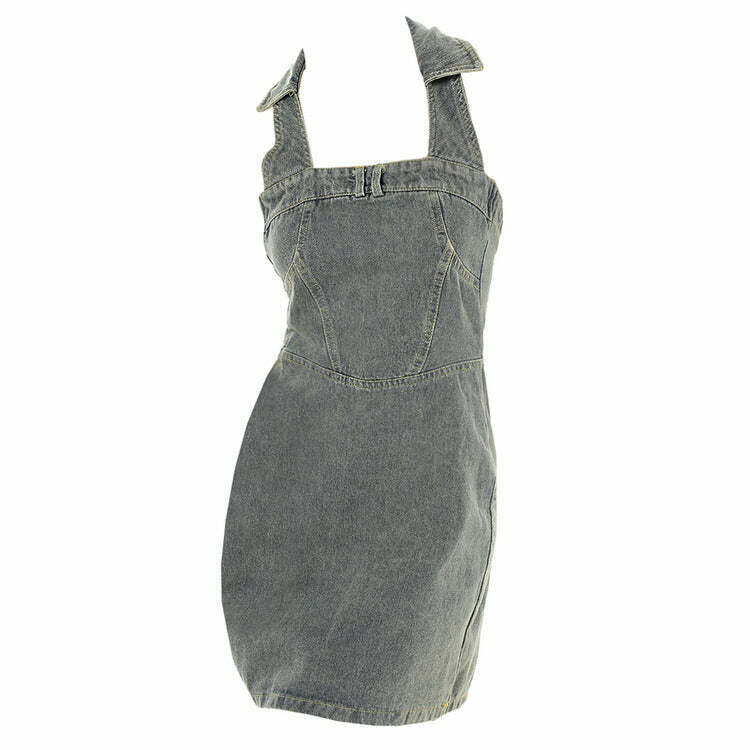 Y2K Aesthetic Halter Denim Dress - 90s Grunge Summer Outfit, Retro Y2K Party & Club