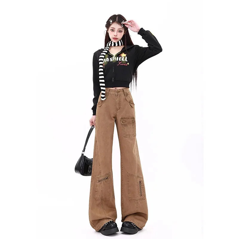 Y2K Aesthetic Khaki Cargo Jeans - Vintage High Waist Harajuku Denim Trousers