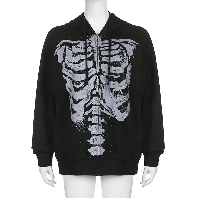 Y2K Alt Skeleton Zip Up Hoodie - Grunge, 90s, Retro, Gothic, Summer, Party, Club