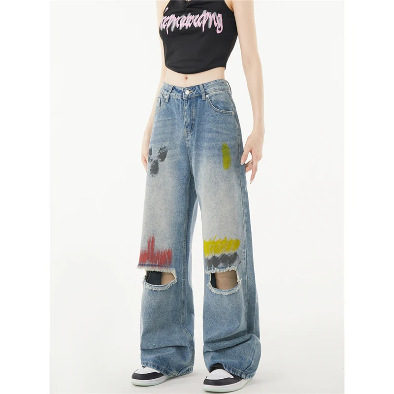 Y2K American Graffiti Fashion Streetwear Wide Leg Jeans - Vintage High Waist Denim Pants