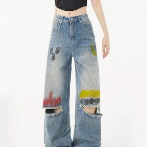 Y2K American Graffiti Fashion Streetwear Wide Leg Jeans - Vintage High Waist Denim Pants