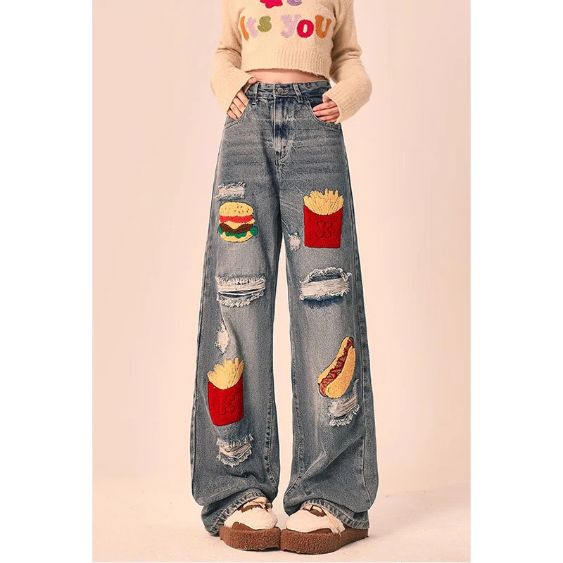 Y2K American Graffiti Fashion Streetwear Wide Leg Jeans - Vintage High Waist Denim Pants