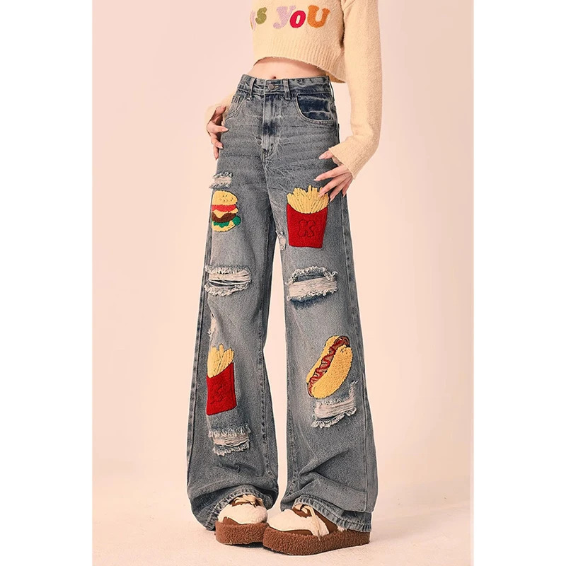 Y2K American Graffiti Fashion Streetwear Wide Leg Jeans - Vintage High Waist Denim Pants