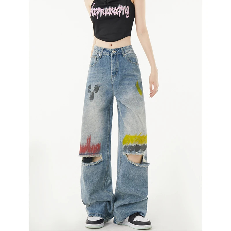 Y2K American Graffiti Fashion Streetwear Wide Leg Jeans - Vintage High Waist Denim Pants