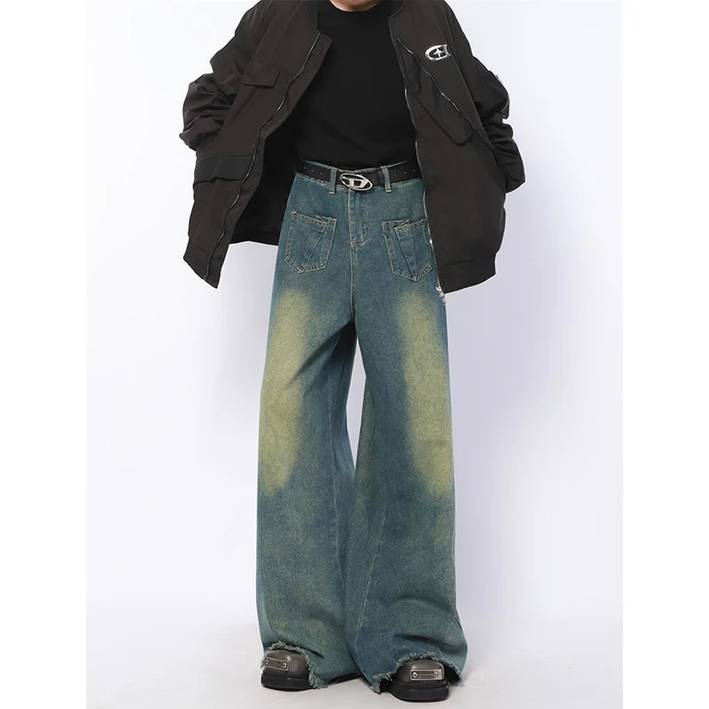 Y2K American Retro High Waist Oversized Jeans - Casual Baggy Wide Leg Grunge Streetwear Blue Denim Trouser