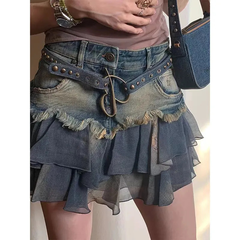 Y2K American Streetwear Denim Skirt - High Waist A-Line Short Jean Skirt