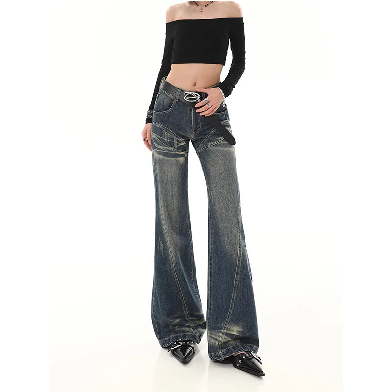 Y2K American Streetwear High Waist Flare Jeans - Women's Fashion Baggy Wide Leg Denim Trouser