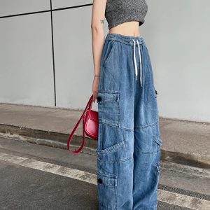 Y2K American Vintage Blue Cargo Jeans: High Waist Straight Pants with Pockets