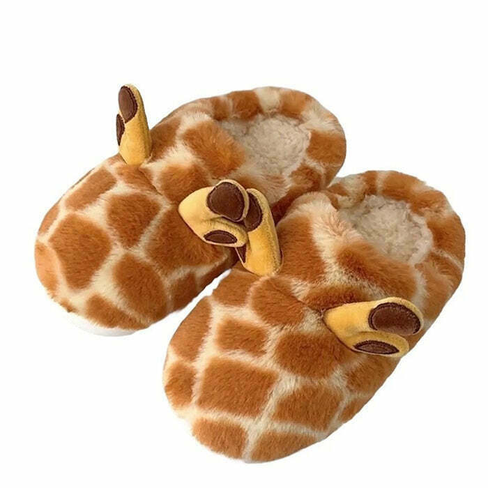 Y2K and 90s Fashion Giraffe Plush Slippers - Retro Grunge, Pastel Goth, and Hip