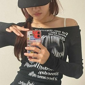 Y2K and 90s Fashion Letter Print Long Sleeve T-Shirt - Retro Grunge Summer Outfit