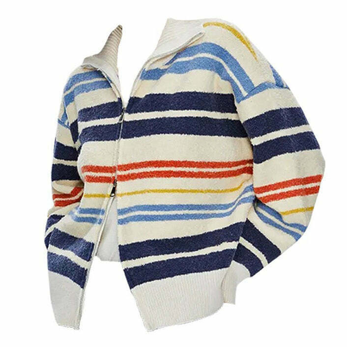 Y2K and 90s Fashion Prep School Striped Zip Up Long Sleeve - Retro Grunge Outfit