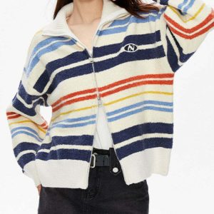 Y2K and 90s Fashion Prep School Striped Zip Up Long Sleeve - Retro Grunge Outfit