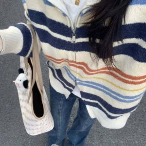 Y2K and 90s Fashion Prep School Striped Zip Up Long Sleeve - Retro Grunge Outfit