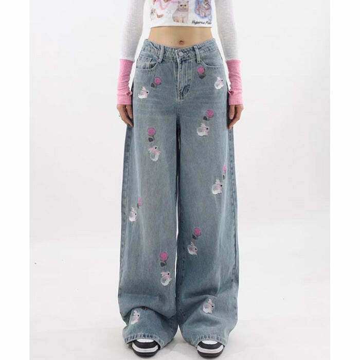 Y2K and 90s Fashion Rose and Bunny Embroidery Jeans - Retro Grunge Y2K Summer Outfit