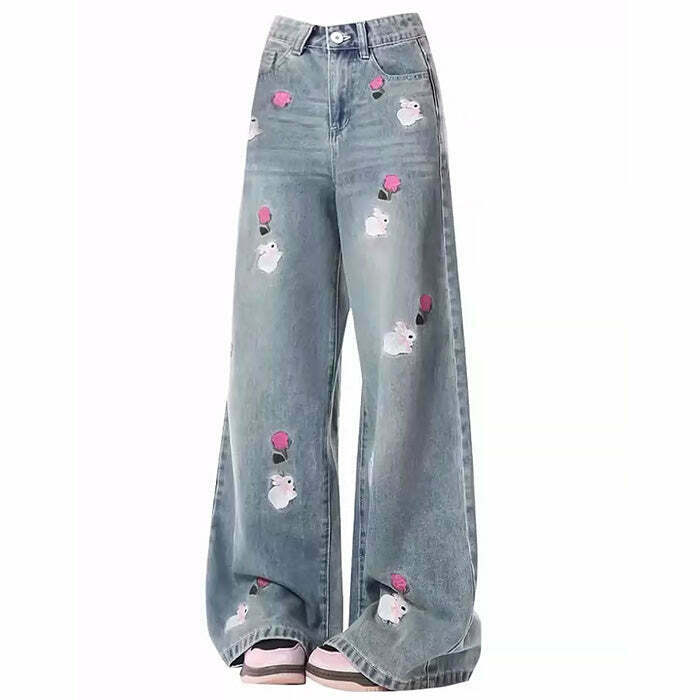 Y2K and 90s Fashion Rose and Bunny Embroidery Jeans - Retro Grunge Y2K Summer Outfit