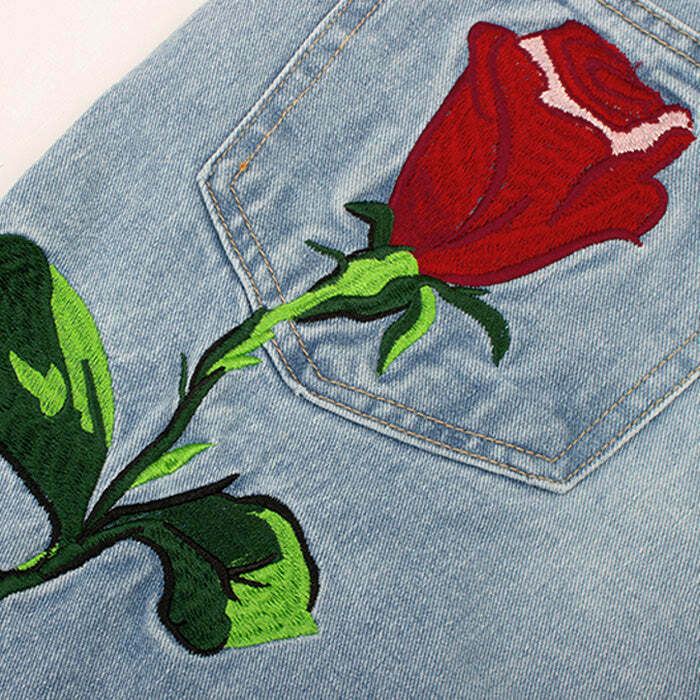 Y2K and 90s Fashion Rose Embroidery Jeans - Grunge, Retro, Summer, and Party Outfits