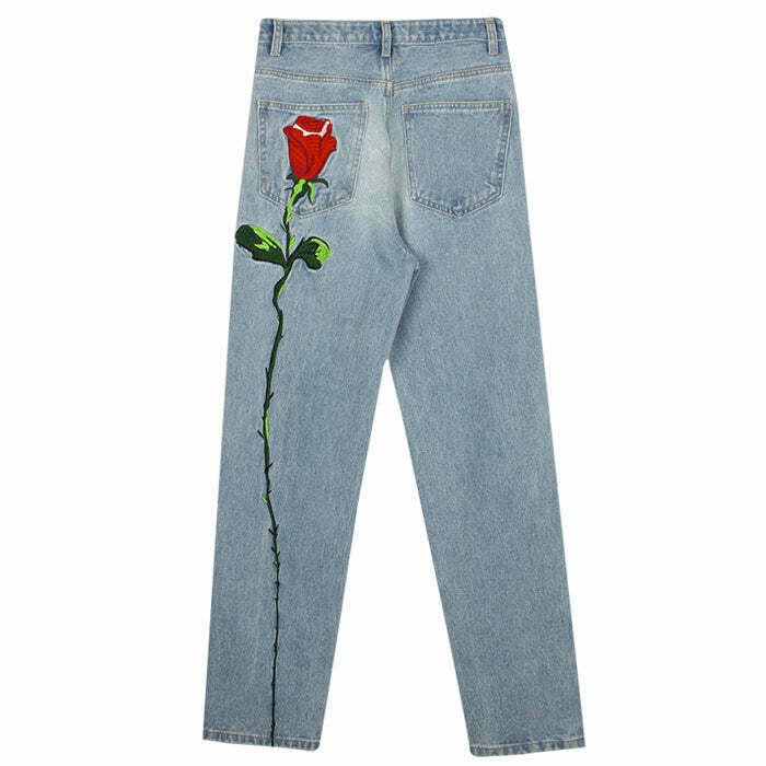 Y2K and 90s Fashion Rose Embroidery Jeans - Grunge, Retro, Summer, and Party Outfits