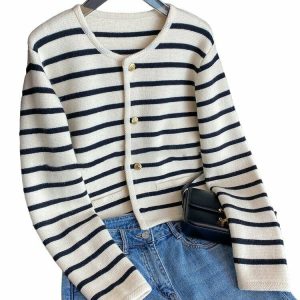 Y2K and 90s Fashion Striped Knitted Cardigan - Retro Grunge, Summer, and Party Outfits