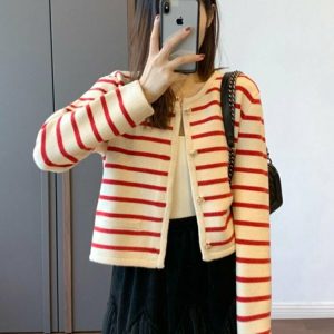 Y2K and 90s Fashion Striped Knitted Cardigan - Retro Grunge, Summer, and Party Outfits