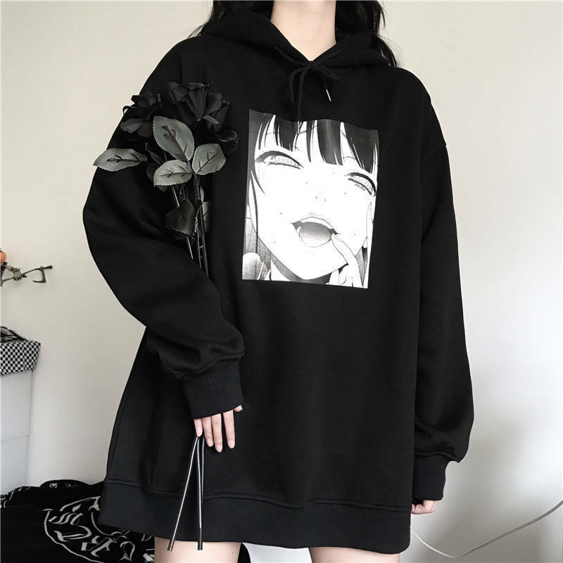 Y2K Anime Print Black & White Hoodie - 90s Grunge, Retro, Gothic, Summer Y2K Fashion