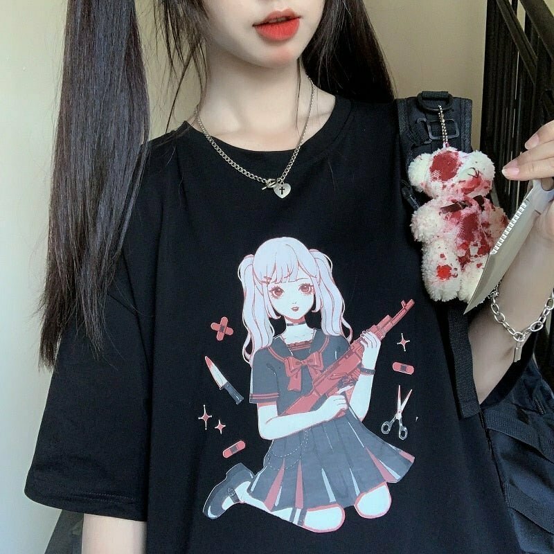 Y2K Anime Print Harajuku T-shirt - Retro 90s Grunge, Pastel Goth, Summer Y2