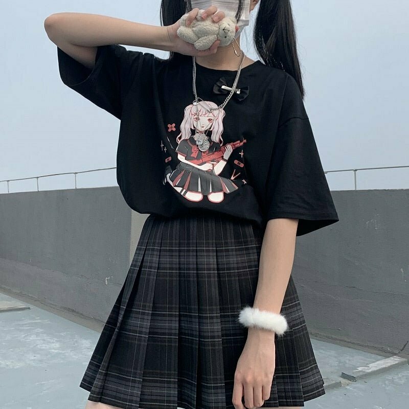 Y2K Anime Print Harajuku T-shirt - Retro 90s Grunge, Pastel Goth, Summer Y2