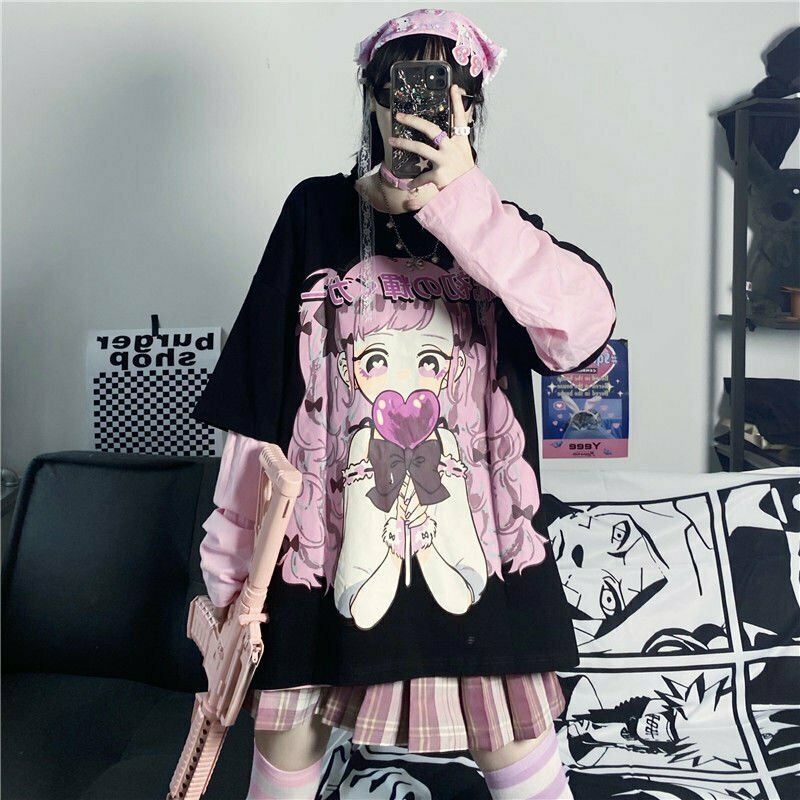 Y2K Anime Print Long-Sleeved T-Shirt - Retro 90s Grunge, Pastel Goth, Summer Y