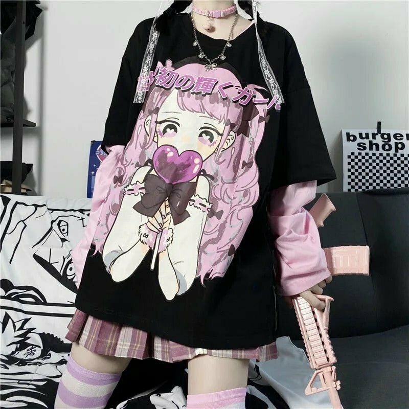 Y2K Anime Print Long-Sleeved T-Shirt - Retro 90s Grunge, Pastel Goth, Summer Y