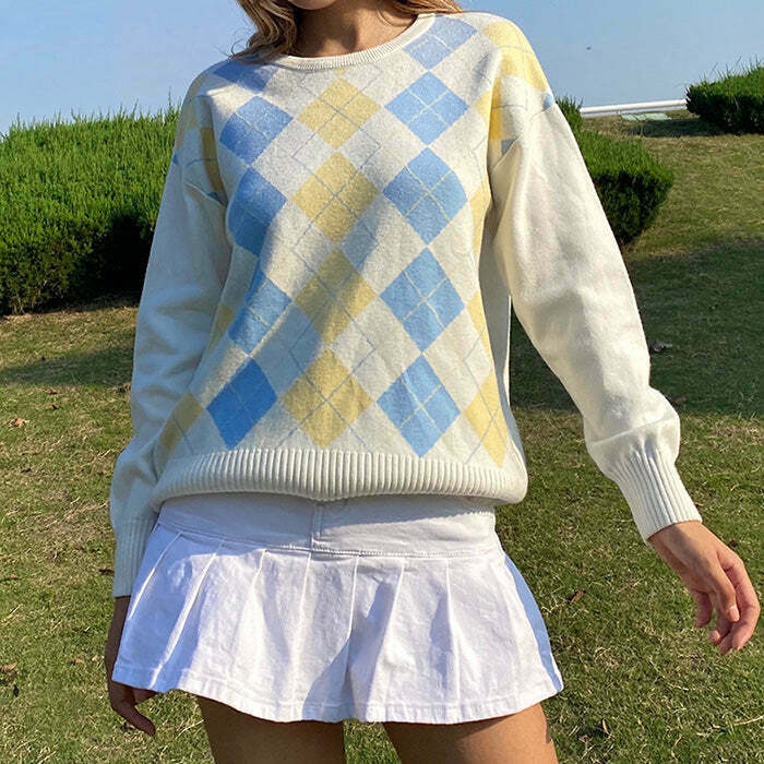 Y2K Argyle Check Pullover - Retro 90s Grunge, Summer Y2K Outfits, Pastel