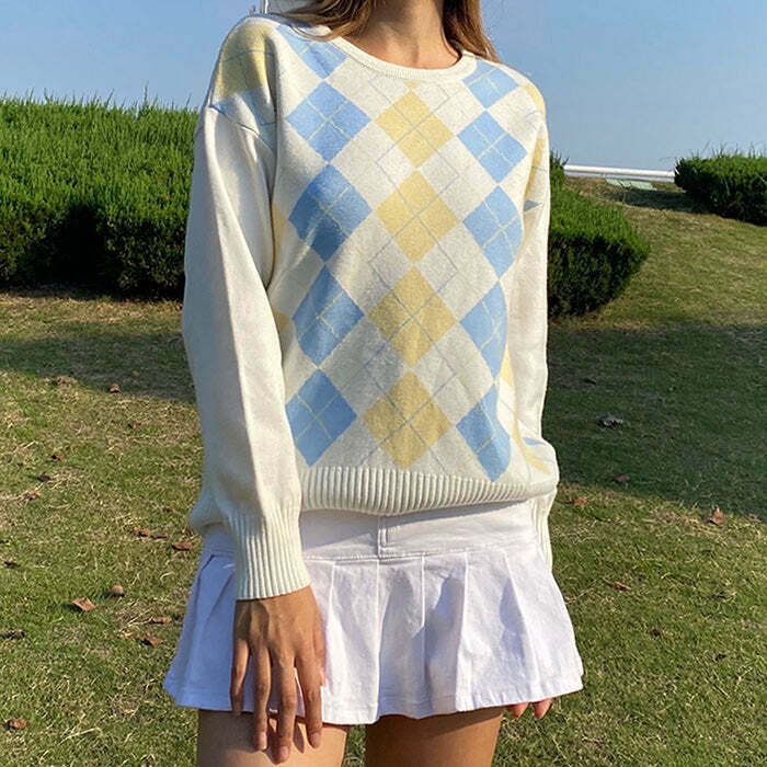 Y2K Argyle Check Pullover - Retro 90s Grunge, Summer Y2K Outfits, Pastel