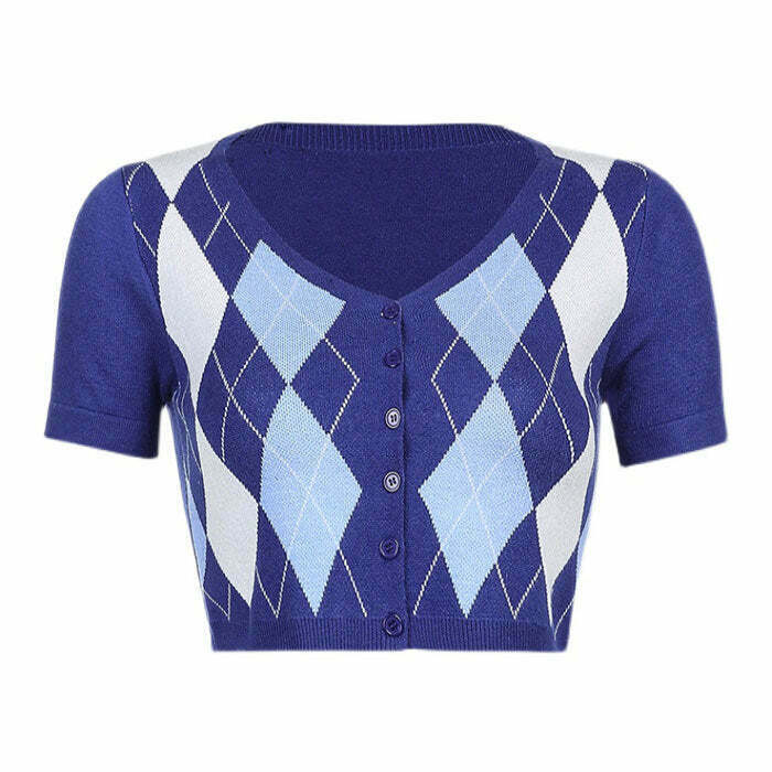 Y2K Argyle Pattern Knit Top - Retro 90s Fashion, Grunge, and Summer Y2K Outfits