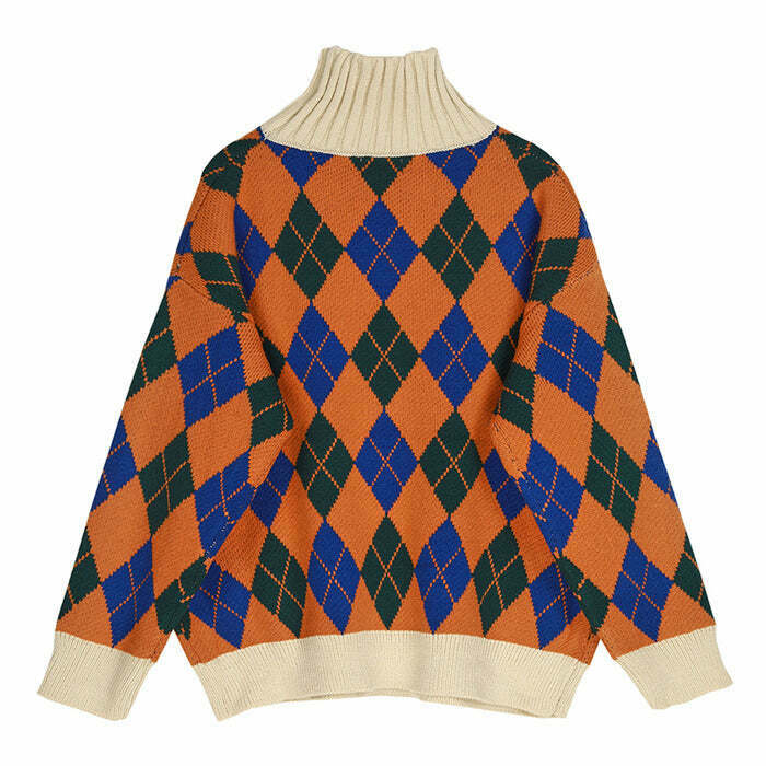 Y2K Argyle Pattern Turtleneck Sweater - Retro 90s Grunge, Summer & Party Outfits