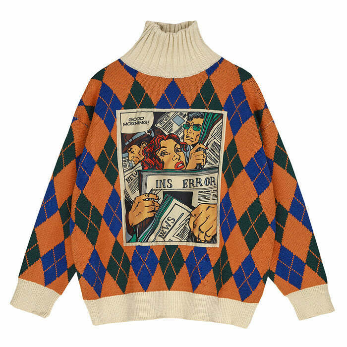 Y2K Argyle Pattern Turtleneck Sweater - Retro 90s Grunge, Summer & Party Outfits