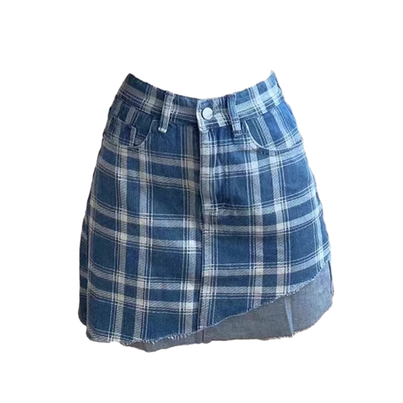 Y2K Asymmetrical Blue Plaid Skirt - Retro 90s Grunge Summer Outfit for Women