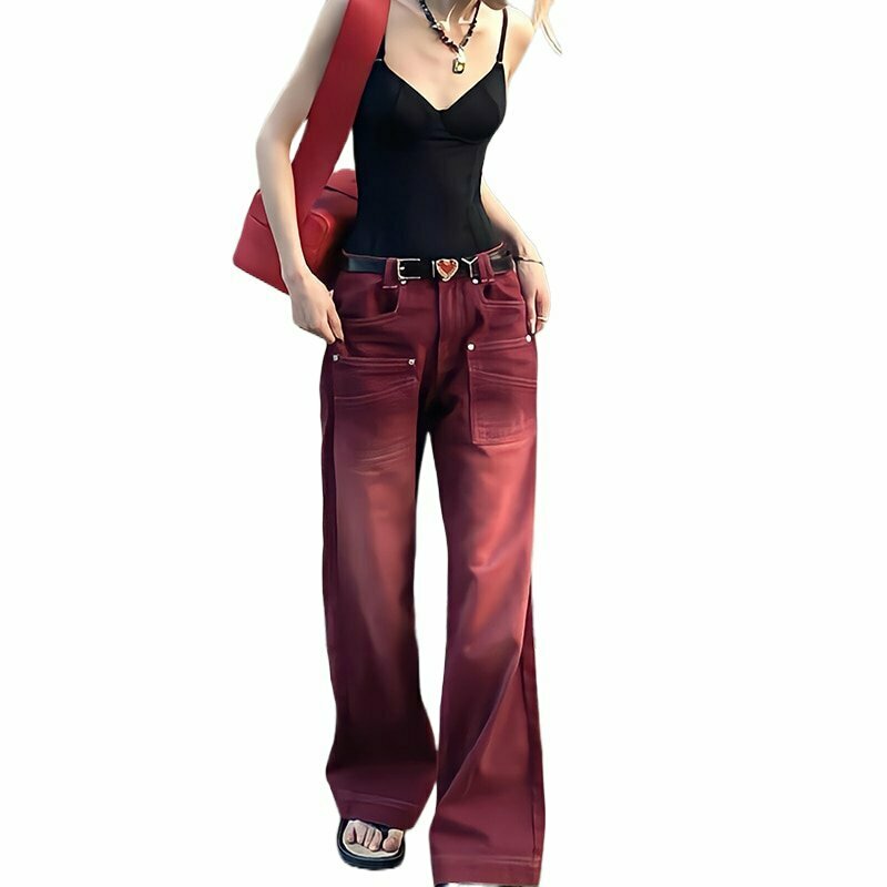 Y2K Baggy Red Jeans - Retro 90s Grunge, Summer Y2K Outfits, Hip Hop Fashion