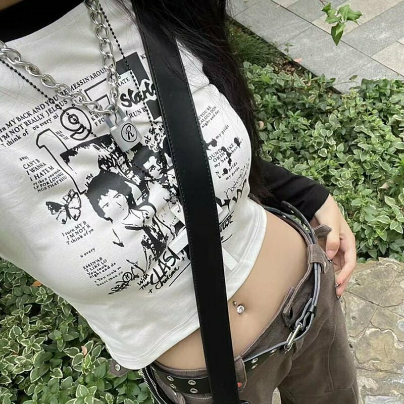 Y2K Black and White Grunge Crop Top - Perfect for 90s Fashion, Y2K Summer Outfits,