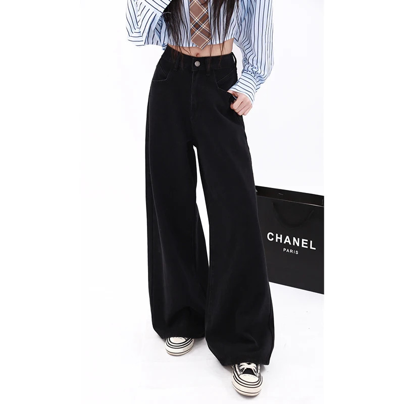 Y2K Black Baggy Straight Jeans - Korean Fashion Streetwear High Waist Wide Leg Denim Pants