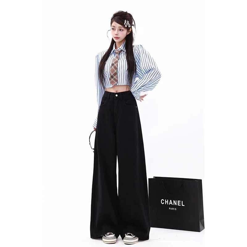 Y2K Black Baggy Straight Jeans - Korean Fashion Streetwear High Waist Wide Leg Denim Pants