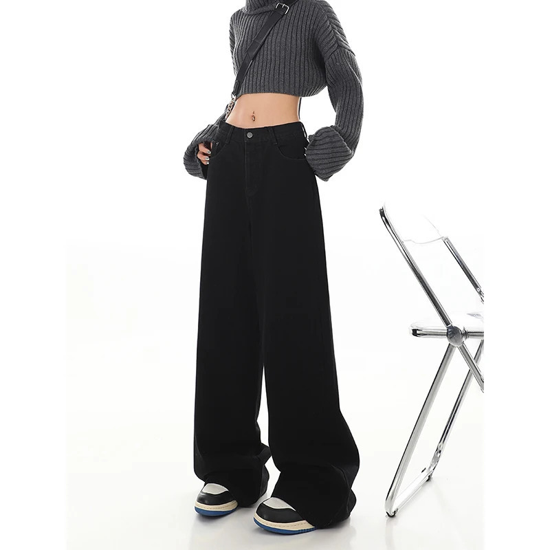 Y2K Black Baggy Straight Jeans - Korean Fashion Streetwear High Waist Wide Leg Denim Pants