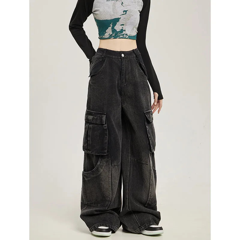 Y2K Black Baggy Straight Jeans - Women's Korean Fashion Streetwear High Waist Wide Leg Denim Pants