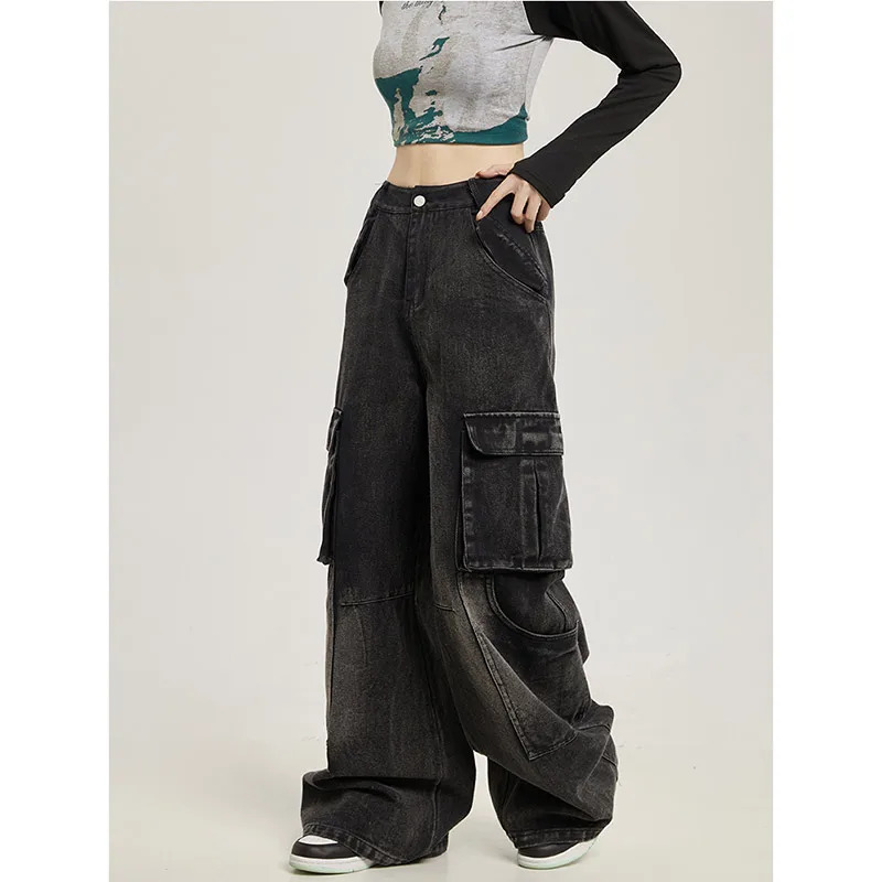 Y2K Black Baggy Straight Jeans - Women's Korean Fashion Streetwear High Waist Wide Leg Denim Pants