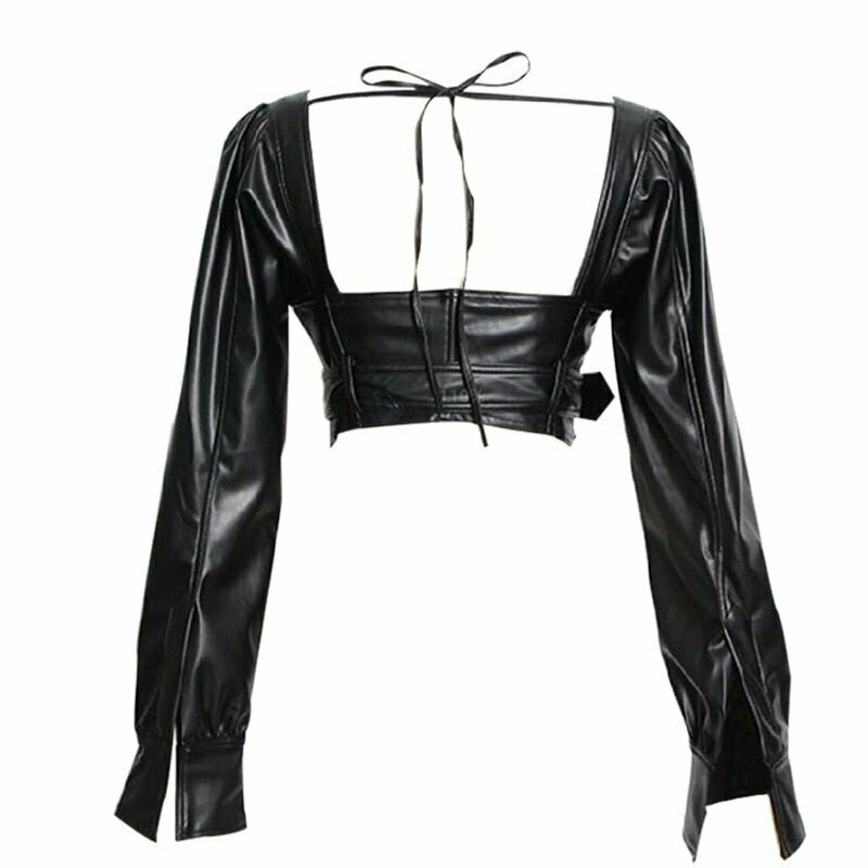 Y2K Black Faux Leather Crop Top - Retro 90s Grunge, Summer Party, Club & Popstar Outfit