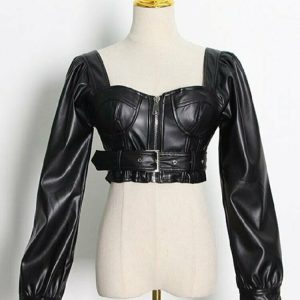 Y2K Black Faux Leather Crop Top - Retro 90s Grunge, Summer Party, Club & Popstar Outfit