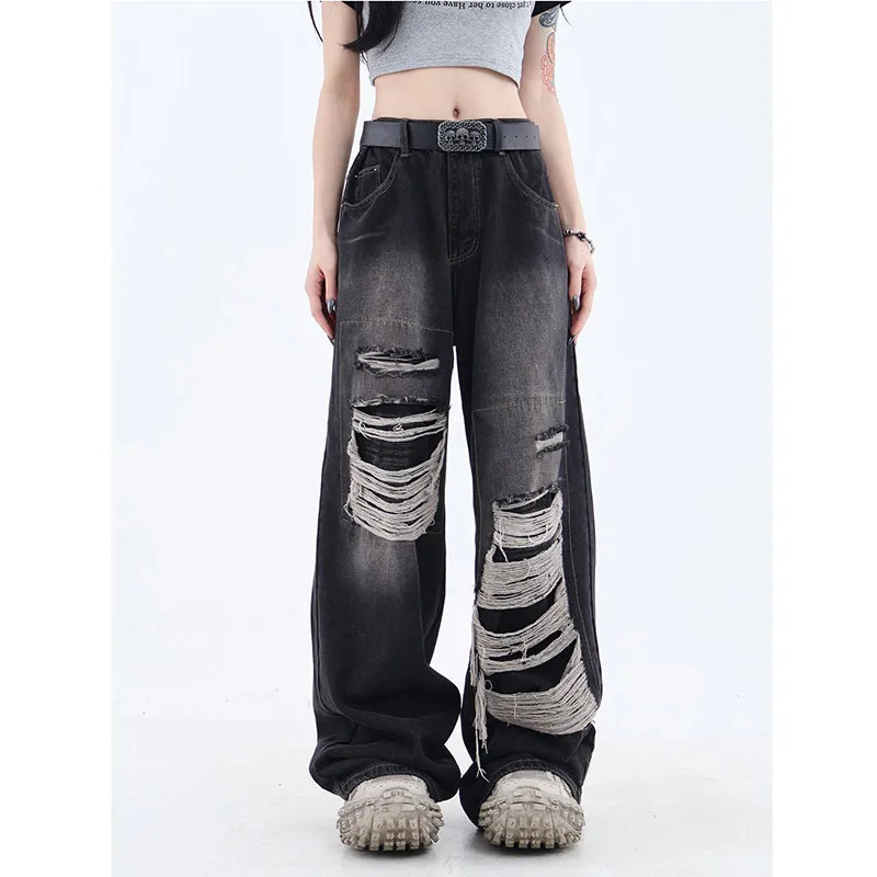 Y2K Black Jeans - Baggy Streetwear High Waist Ripped Denim Pants