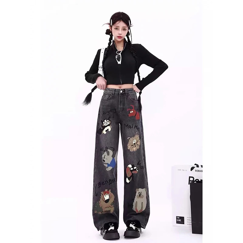 Y2K Black Jeans: American Graffiti Streetwear Wide Leg Denim Pant