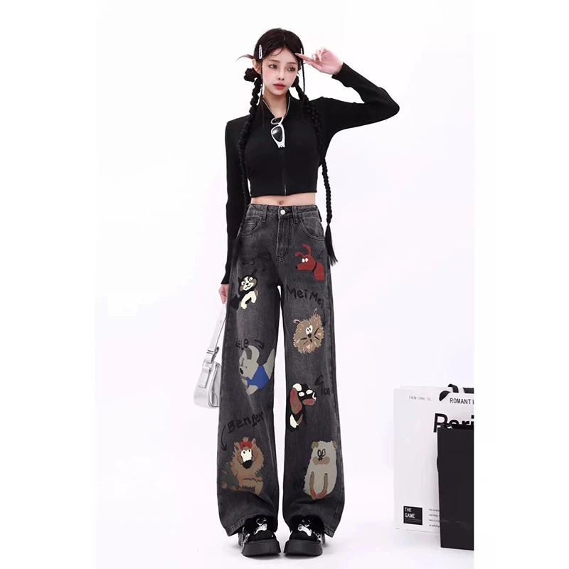 Y2K Black Jeans: American Graffiti Streetwear Wide Leg Denim Pant