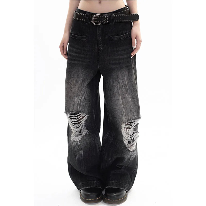 Y2K Black Jeans: Baggy Streetwear High Waist Ripped Denim Trousers