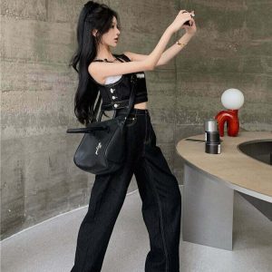 Y2K Black Jeans Overalls Set - 90s Grunge, Retro Summer, Y2K Party & Club Out