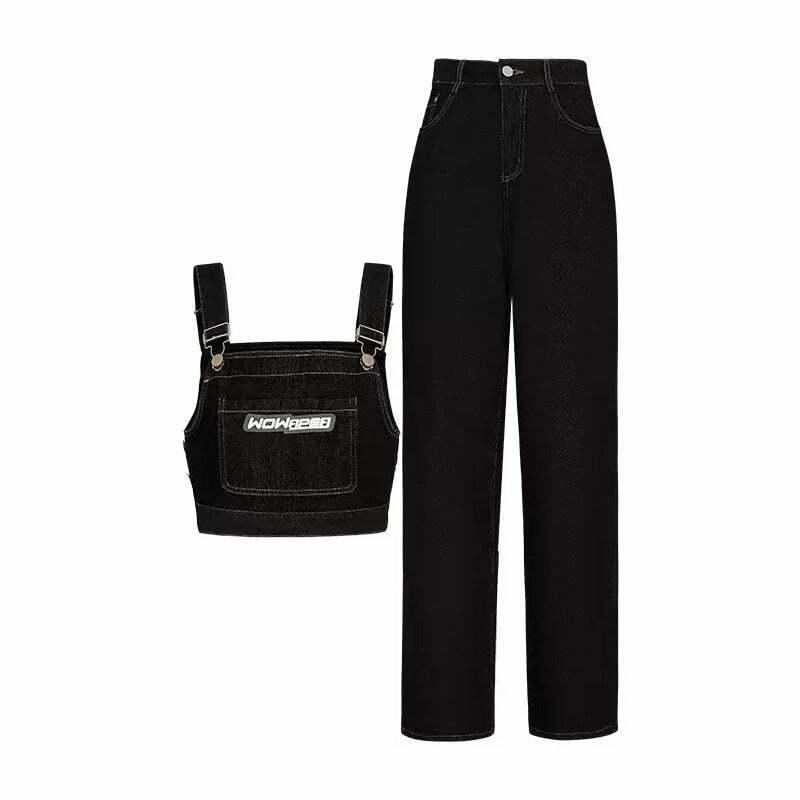 Y2K Black Jeans Overalls Set - 90s Grunge, Retro Summer, Y2K Party & Club Out