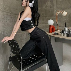 Y2K Black Jeans Overalls Set - 90s Grunge, Retro Summer, Y2K Party & Club Out